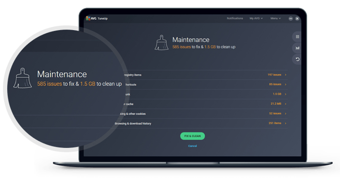 AVG TuneUp repariert Ihre Registrierung und führt andere wichtige Wartungsarbeiten durch, um die PC-Leistung zu verbessern.