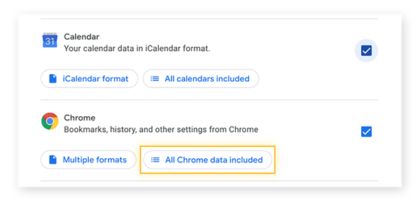 Elección de descarga de los datos de Calendar y Chrome en Google Takeout