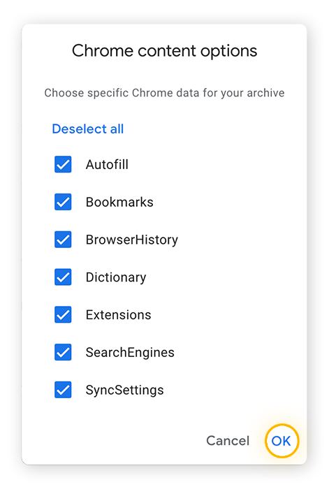 Los distintos tipos de datos de Chrome disponibles para su descarga mediante Google Takeout