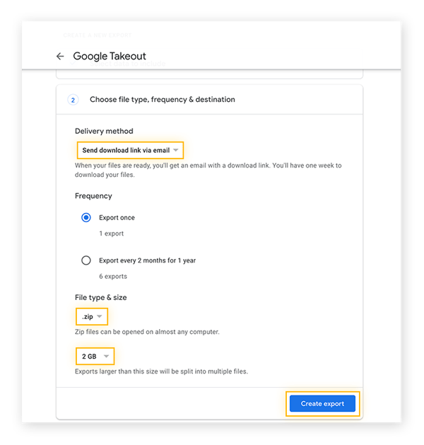 Elección del tipo de archivo de Google, la frecuencia y el destino con Google Takeout