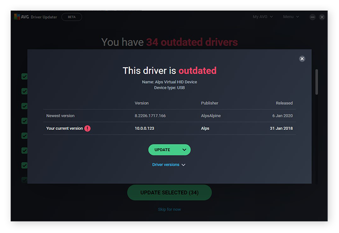 Resultados detallados del análisis con AVG Driver Updater para Windows 10