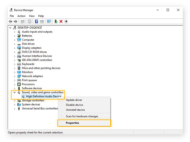 Abrir las Propiedades de una tarjeta de sonido en el Administrador de dispositivos de Windows 10