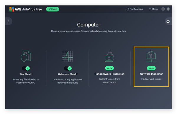 Abrir a ferramenta de segurança cibernética do Inspetor de rede no AntiVirus Free para Windows 10.