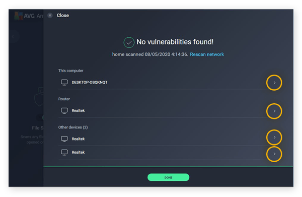 Os resultados de um escaneamento de rede usando a ferramenta Inspetor de rede no AVG AntiVirus FREE para Windows 10