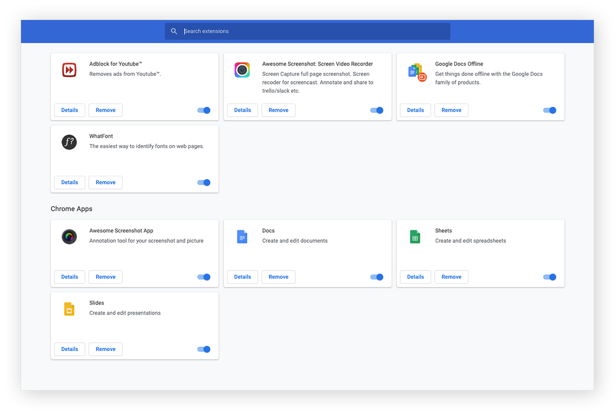 Visualización de todas las extensiones en Google Chrome en macOS, para eliminar las maliciosas.