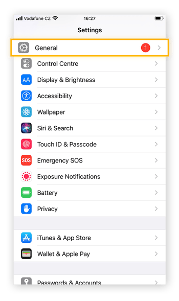 Tap General to continue with iOS software update. If you have an old version of iOS the General tab will have a red notification to the right.