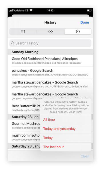Decide how far back to clear cookies and search data: All time, Today and yesterday, Today, or The last hour.