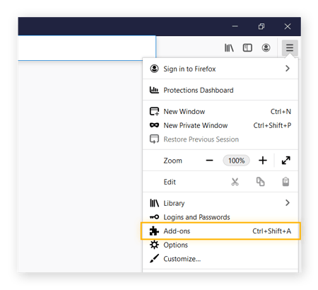 Um menu do Firefox abrirá, com complementos destacados.