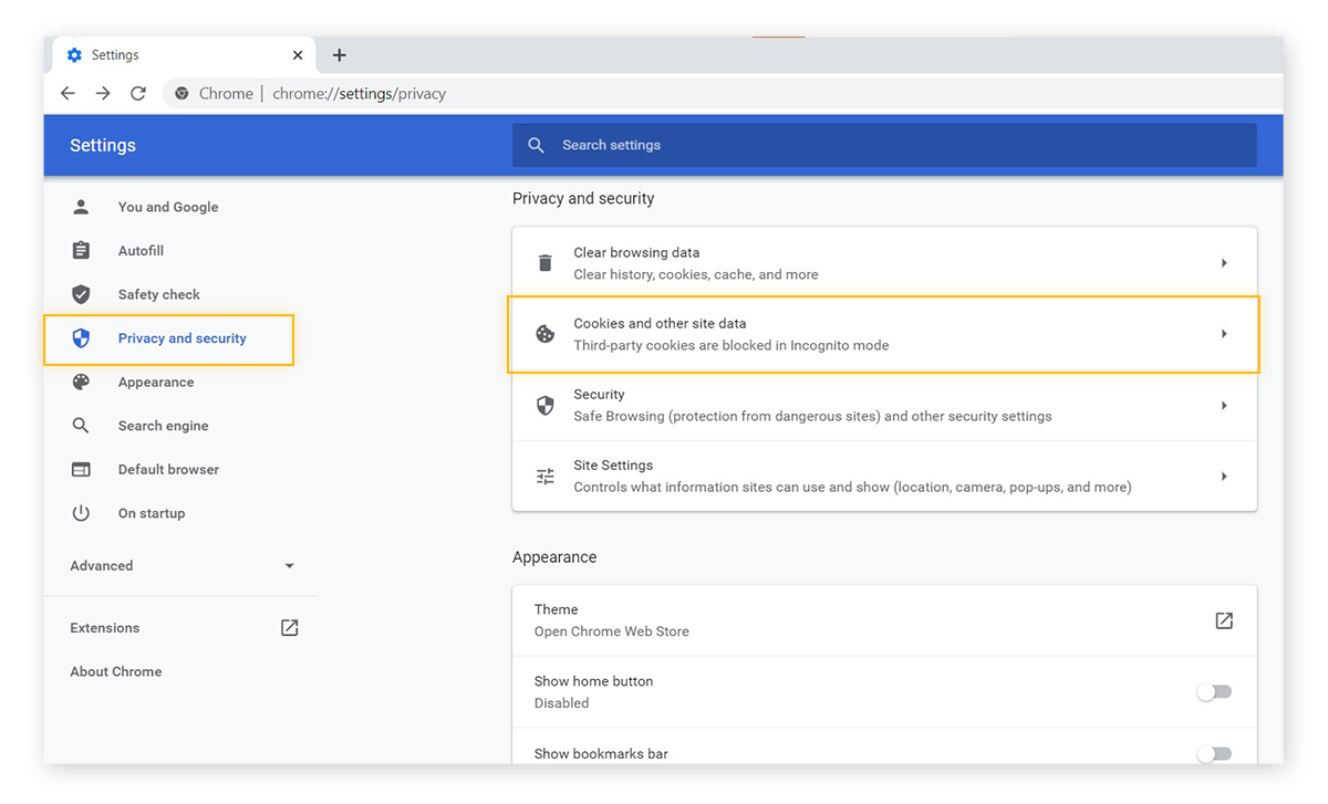 Menu de configurações do Google Chrome, dentro de opções de privacidade e segurança. Com Cookies e outros dados de sites em destaque.