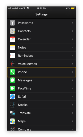 Abrir las opciones del Teléfono en la aplicación de Ajustes de iOS