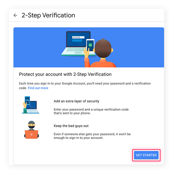 Activar la verificación en dos pasos añade una capa adicional de seguridad. Haga clic en «Empezar».