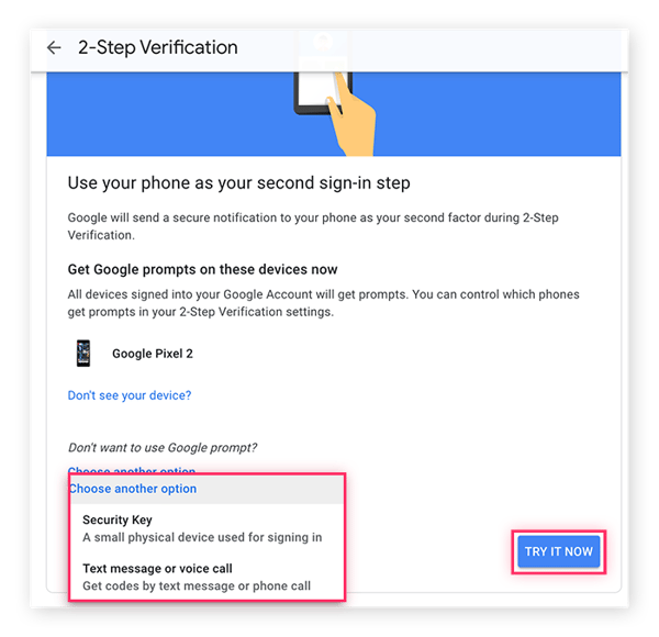 En el menú de la verificación en dos pasos puede optar por una notificación de Google, una llave de seguridad, un mensaje de texto o una llamada de voz como segundo elemento de identificación.