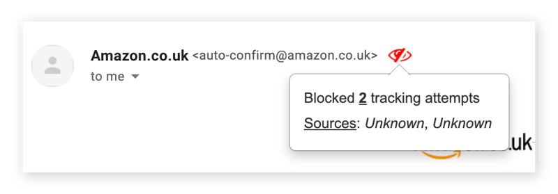 Captura de tela que mostra o ícone do Pixelblock de olhos vermelhos ao lado de um endereço de e-mail