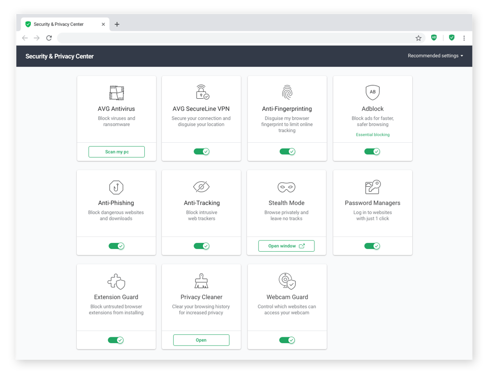 A Central de Segurança e Privacidade no Avast Secure Browser