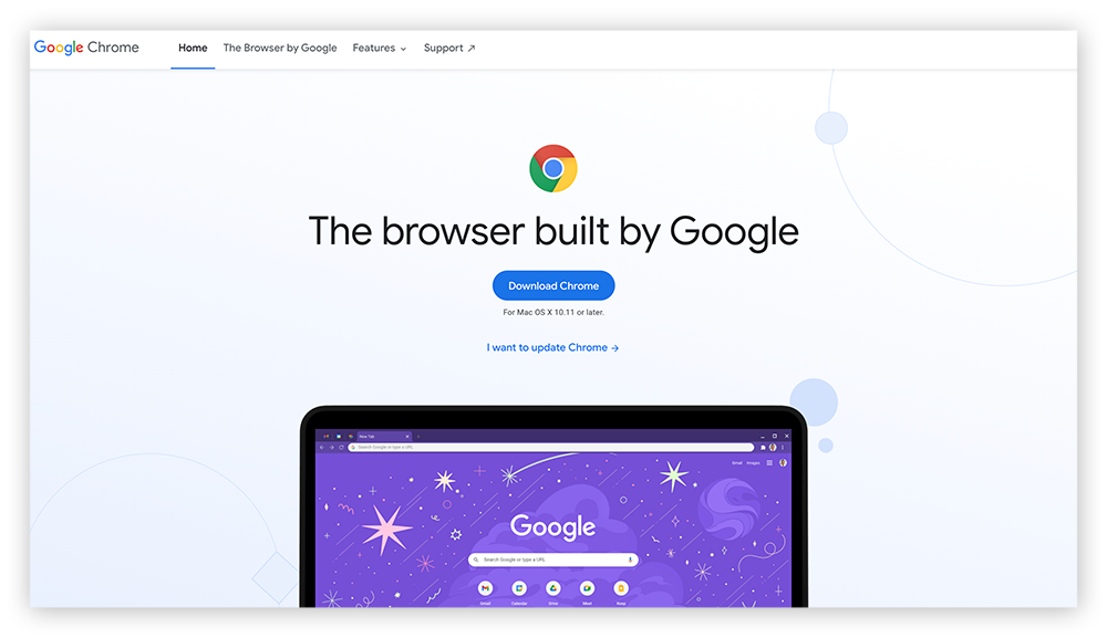 Een schermafbeelding van de beginpagina van Google Chrome