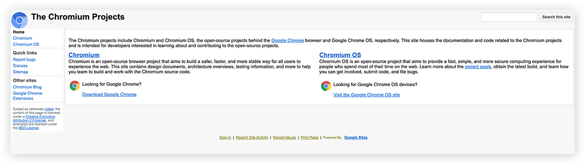 Een schermafbeelding van de beginpagina van Google Chromium