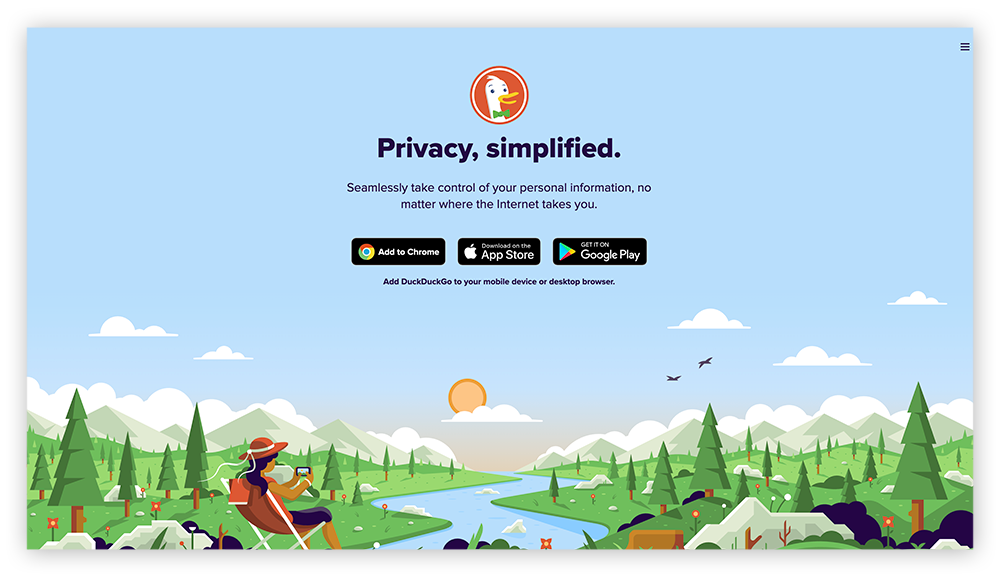 Een schermafbeelding van de beginpagina van de Chrome-extensie en mobiele browser DuckDuckGo