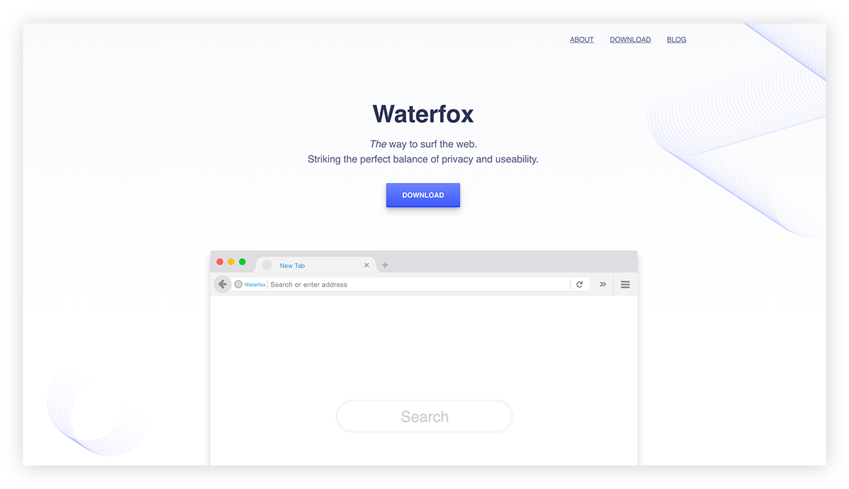 Een schermafbeelding van de beginpagina van Waterfox
