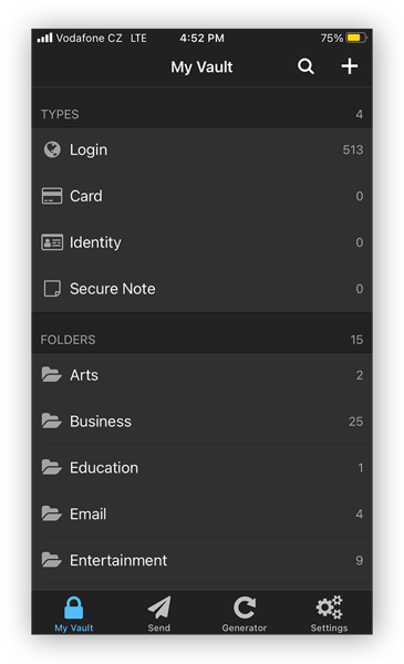 The Bitwarden password manager app for iOS