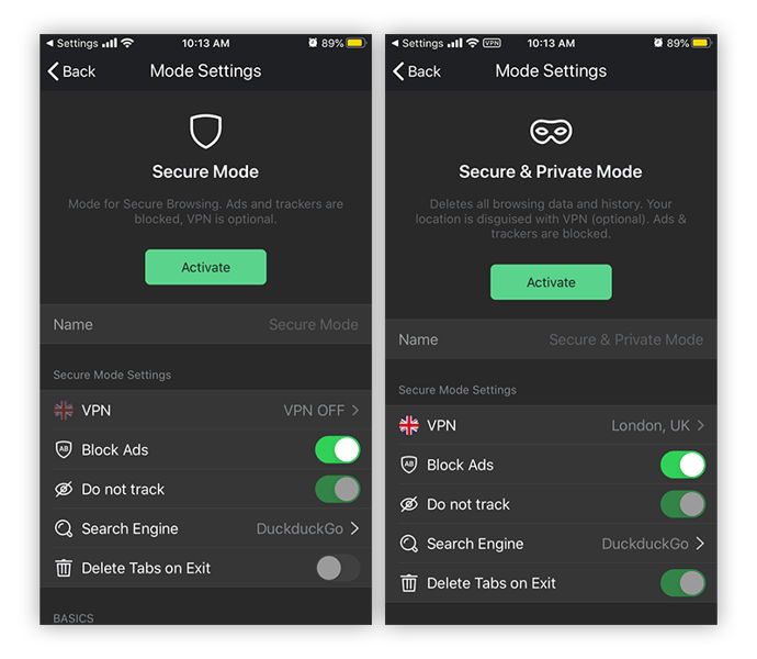 Screenshots of Avast Secure Browser showing various setting options such as Block Ads, Do not track, and VPN enabled.
