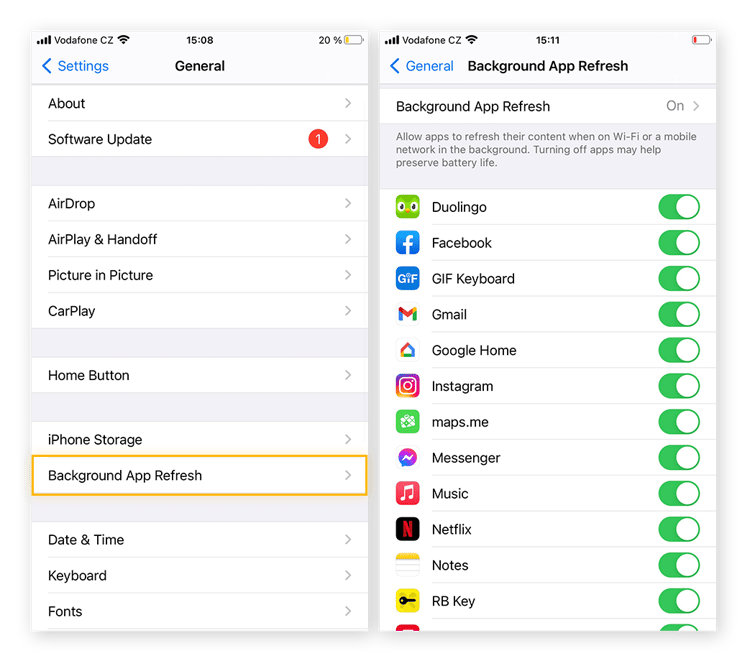 Viewing Background App Refresh and turning off background app refresh for individual apps.