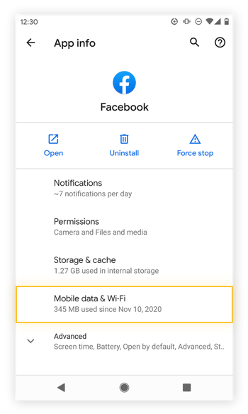 Viewing Facebook's app info in Android 11