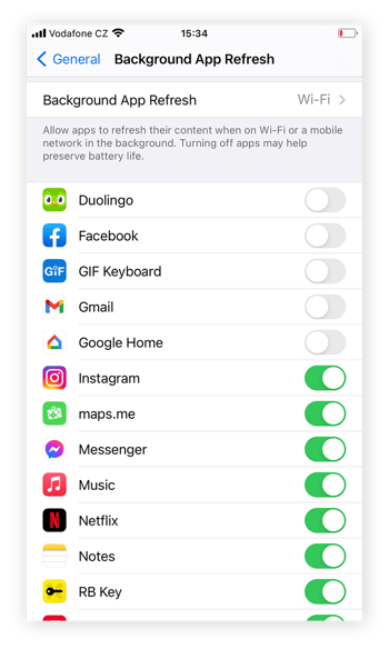 Turn background app refresh back on for individual apps by toggling the associated button from grey to green.