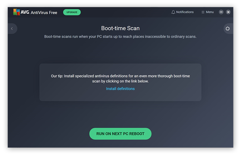 The final confirmation screen for Boot-time scan is shown; a big green button that says "Run on Next PC Reboot."