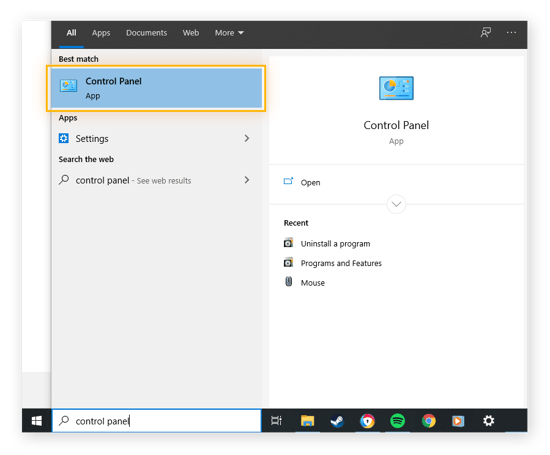 Menu Iniciar do Windows com o “painel de controle” digitado na barra de busca e o Painel de Controle em destaque.