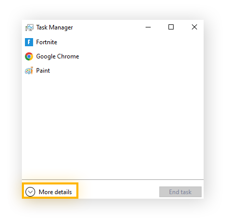 Versmalde Windows Taakbeheer, met 'Meer details' gemarkeerd