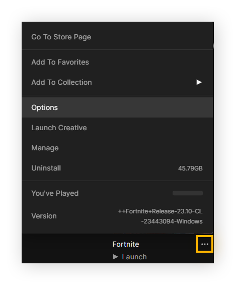 De drie stippen en 'Opties' gemarkeerd voor Fortnite in de Bibliotheek van Epic Games Launcher
