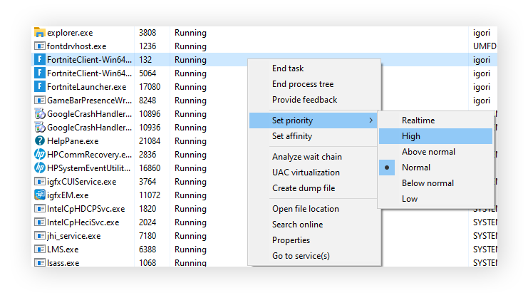 De prioriteit voor ForniteClient-Win64-Shipping.exe op 'Hoog' zetten