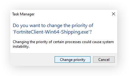 Bevestigingsvenster voor het wijzigen van de prioriteit voor ForniteClient-Win64-Shipping.exe