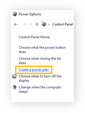 'Een energieschema maken' gemarkeerd in Energie-opties van Windows 10