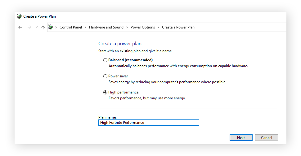 'Hoge prestaties' selecteren in 'Een energieschema maken' en het 'High Fortnite Performance' noemen