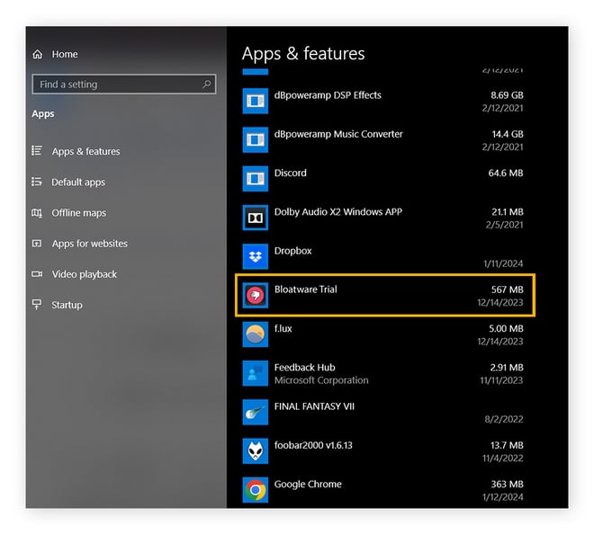 Verificação de bloatware nas configurações de Aplicativos e recursos do Windows 10.