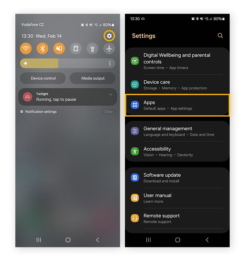 Abertura de Configurações rápidas > Configurações > Aplicativos em um Samsung Galaxy s21.