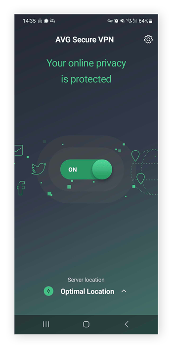 AVG Secure VPN conectado ao local de servidor ideal para mudar o endereço IP de um dispositivo Android.