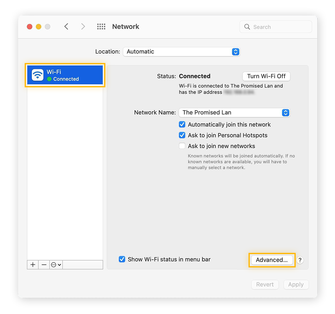 Destacando uma conexão Wi-Fi e “Avançado...” Nas Configurações de Rede