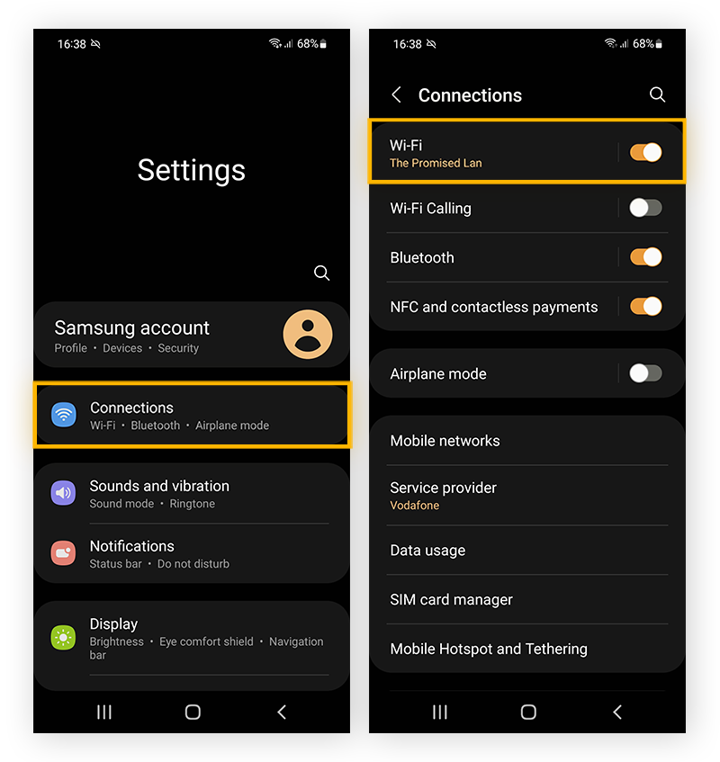 Destacando “Conexões” e uma conexão Wi-Fi nas configurações do Android