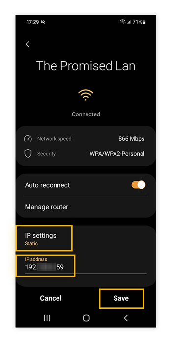 Destacando as configurações de IP e o campo de endereço IP nas configurações de uma conexão Wi-Fi
