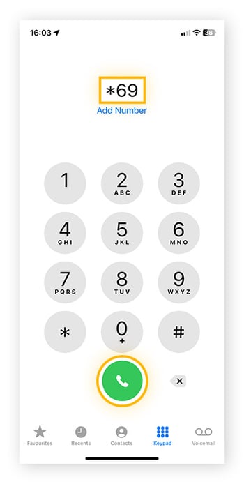 Le clavier de l’iPhone avec *69 composé et le bouton Appel en surbrillance.