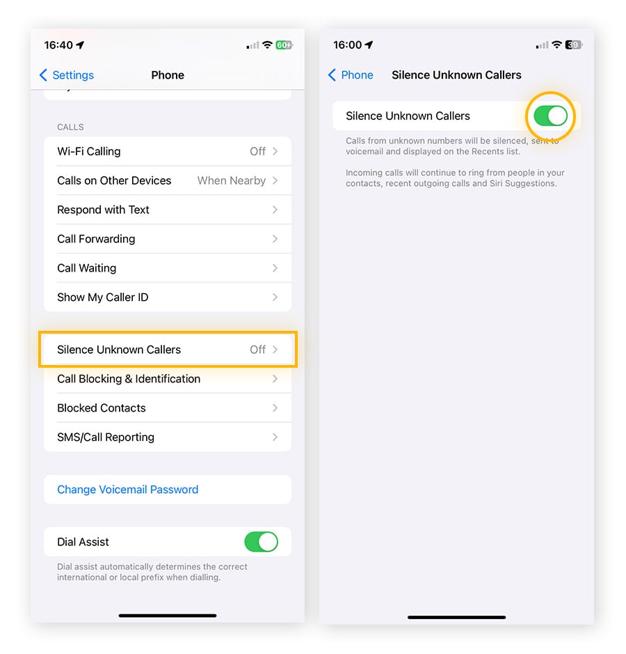 Le menu Téléphone de l’iPhone, avec l’option Appels d’inconnus silencieux en surbrillance, et la page Appels d’inconnus silencieux de l’iPhone avec le bouton activé.