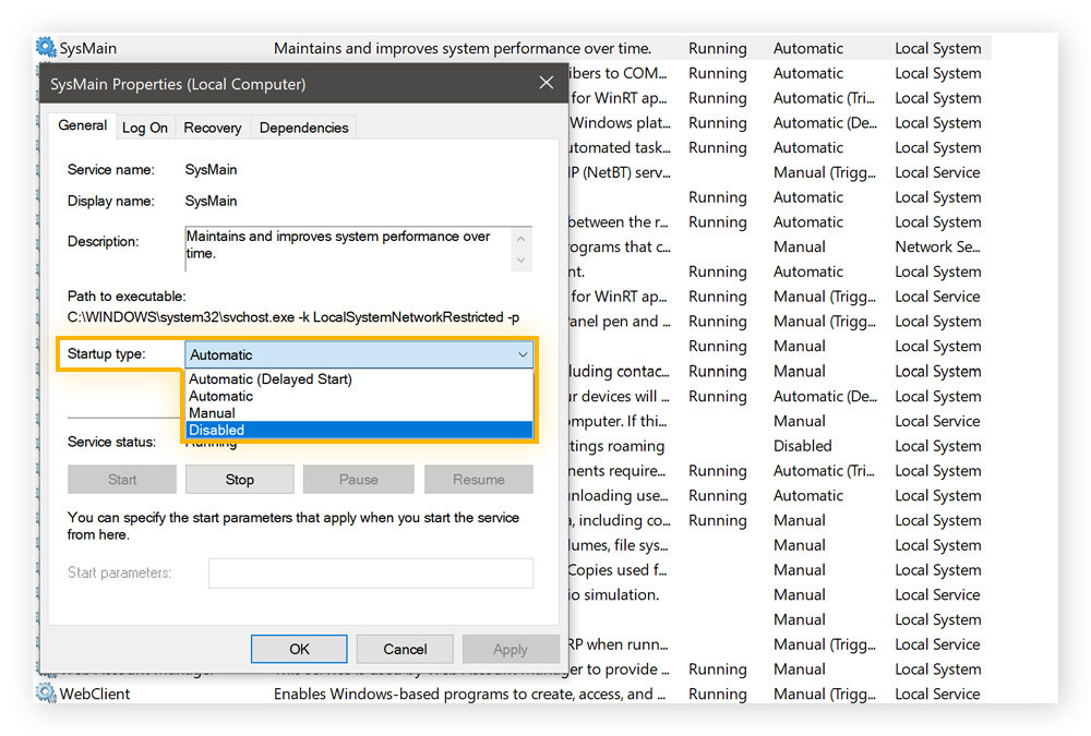 Vista del servicio Superfetch en Windows 10.