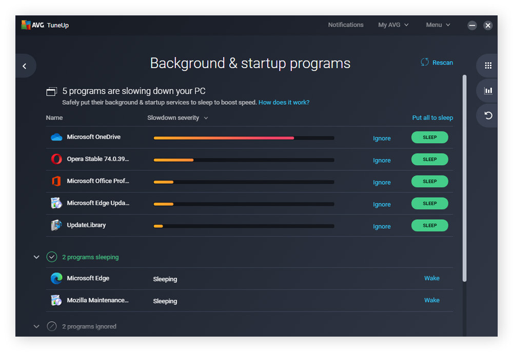 Utilizar el modo de suspensión en AVG TuneUp para solucionar el uso de disco del 100 % en Windows 10.
