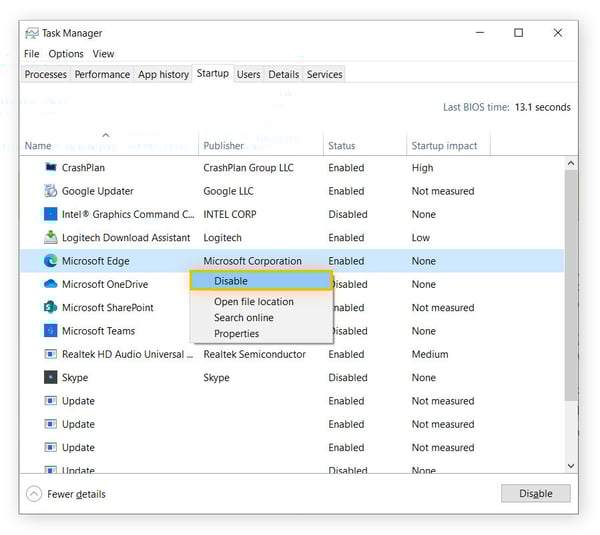 Deshabilitar una aplicación de inicio en el Administrador de tareas de Windows.