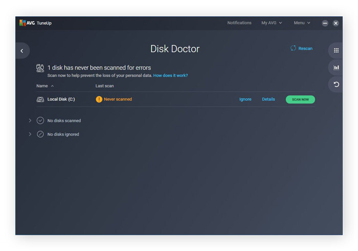 Herramienta Disk Doctor en AVG TuneUp.