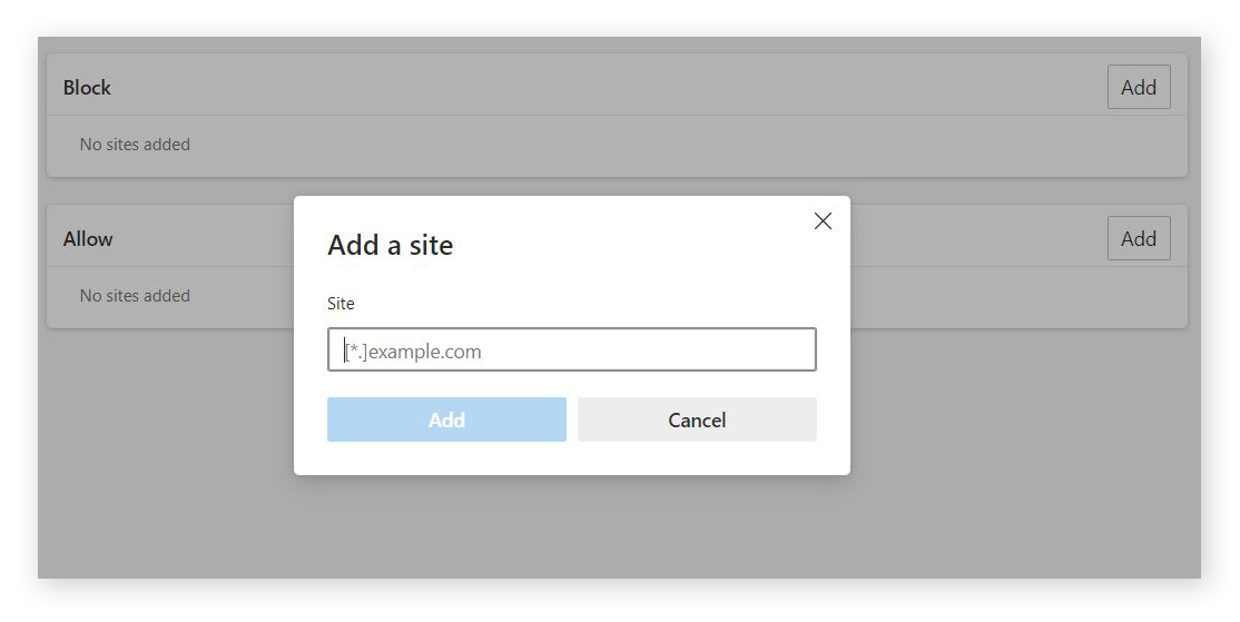 Ajout de sites spécifiques sur lesquels autoriser les fenêtres contextuelles dans Edge.