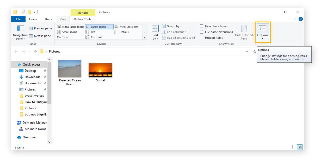 Clic sur Options dans l’onglet Affichage d’un dossier dans Windows 10