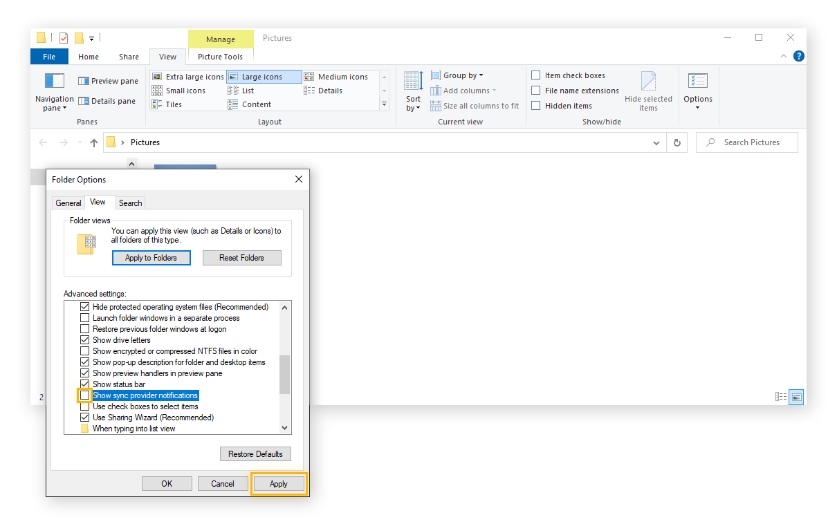 Mise en surbrillance de la case « Afficher les notifications du fournisseur de synchronisation » décochée, ainsi que du bouton Appliquer dans l’onglet Affichage de la boîte de dialogue Options
